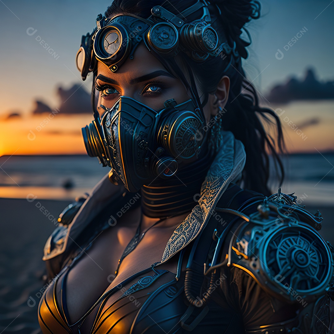 Realistic portrait of Woman wearing with Mohican respiratory mask