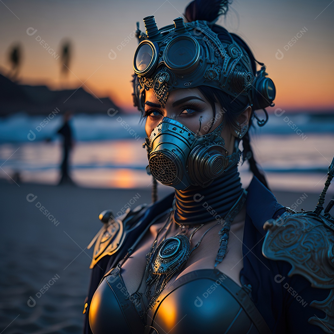 Realistic portrait of Woman wearing with Mohican respiratory mask