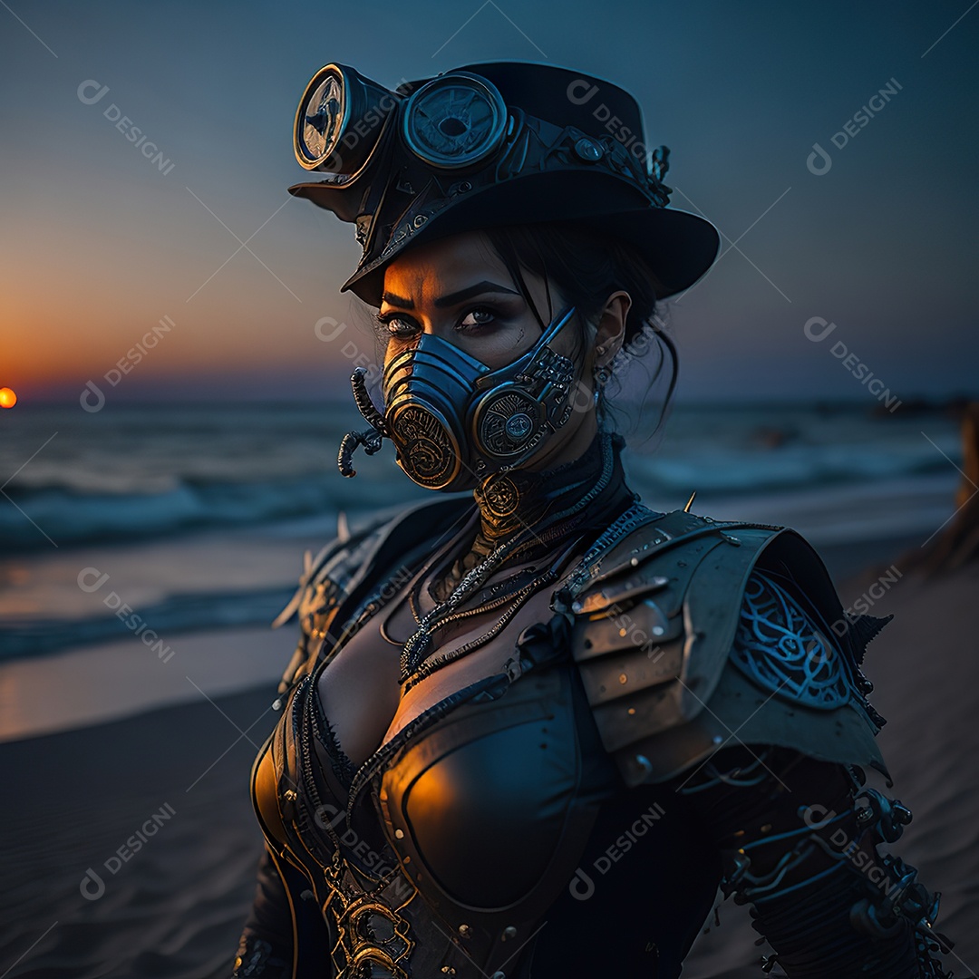 Realistic portrait of Woman wearing with Mohican respiratory mask