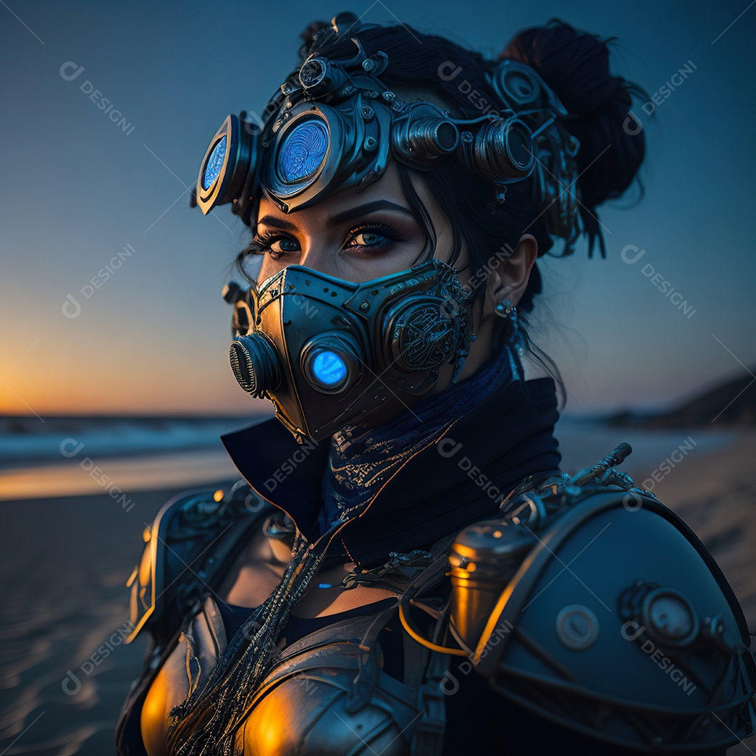 Realistic portrait of Woman wearing with Mohican respiratory mask