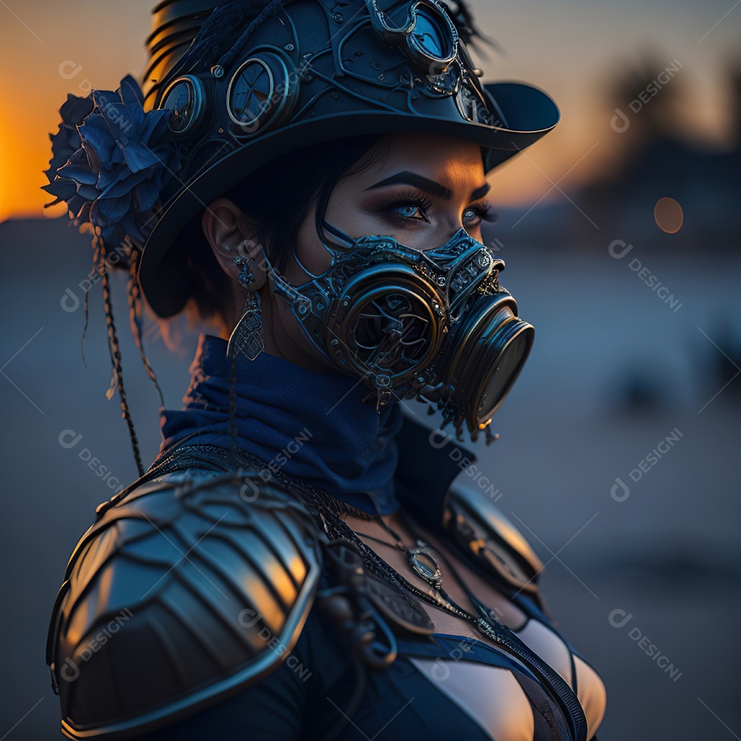 Realistic portrait of Woman wearing with Mohican respiratory mask