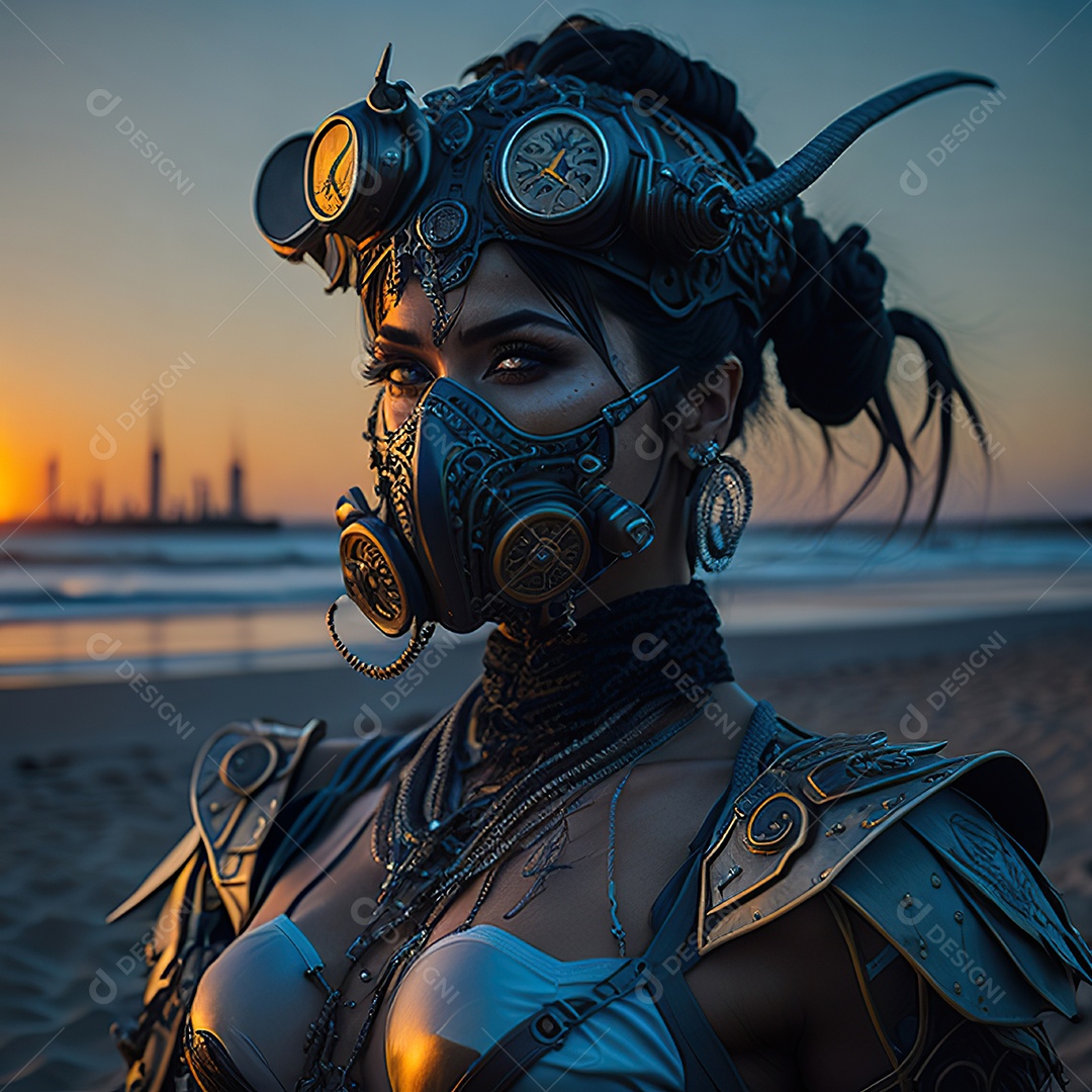 Realistic portrait of Woman wearing with Mohican respiratory mask