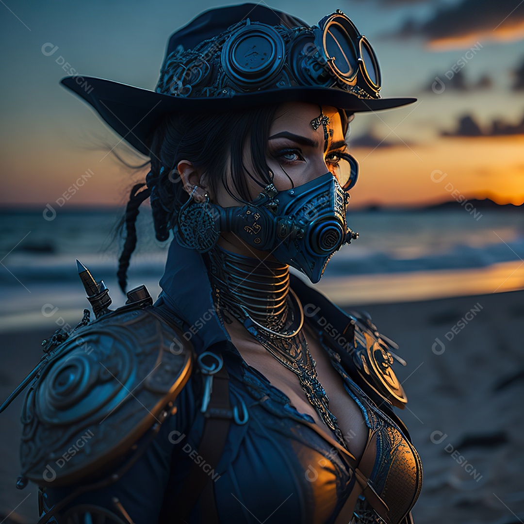 Realistic portrait of Woman wearing with Mohican respiratory mask