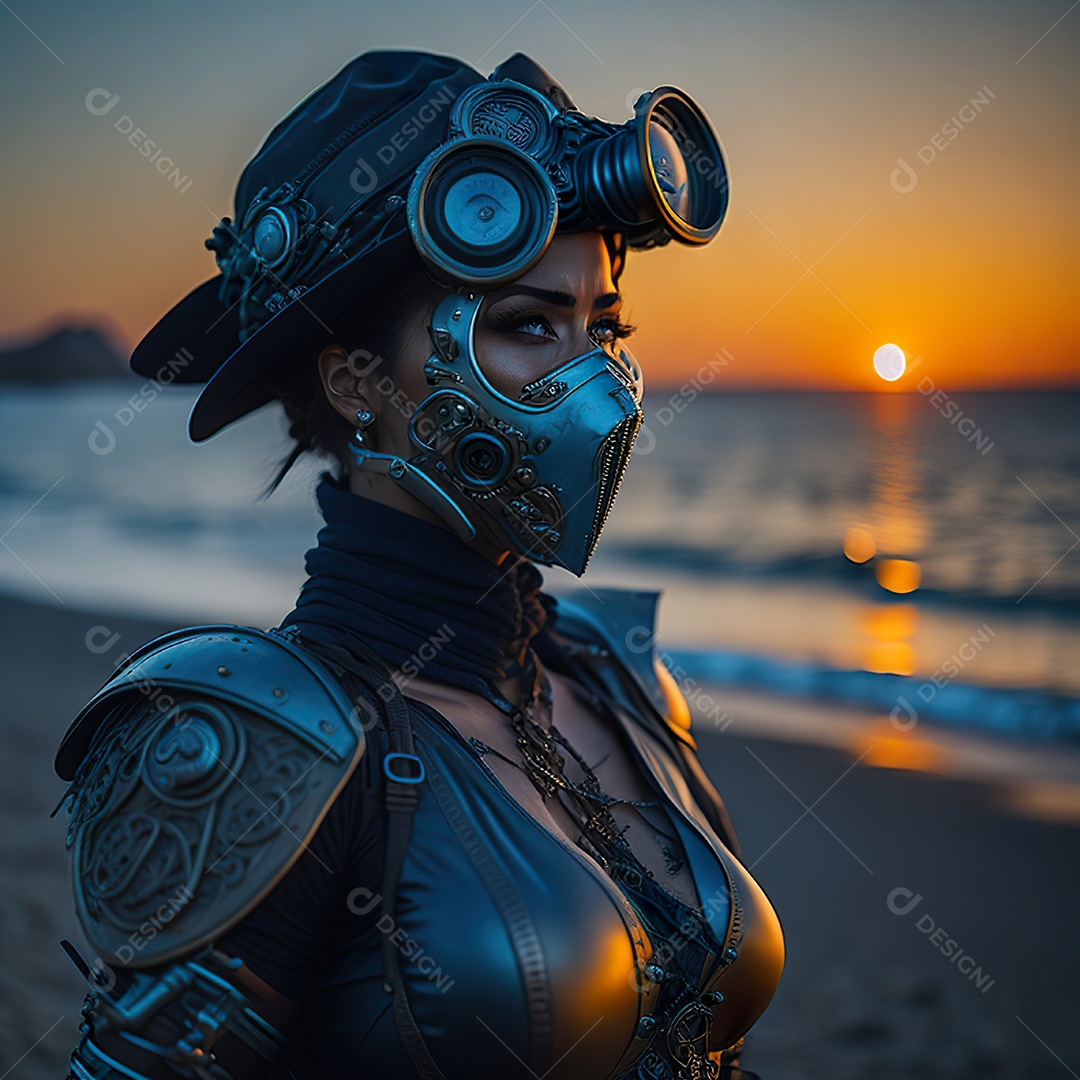 Realistic portrait of Woman wearing with Mohican respiratory mask