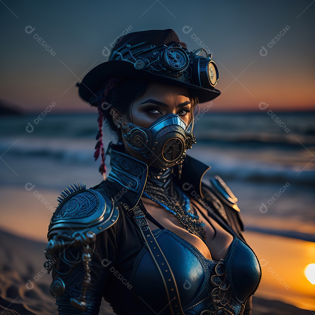 Realistic portrait of Woman wearing with Mohican respiratory mask