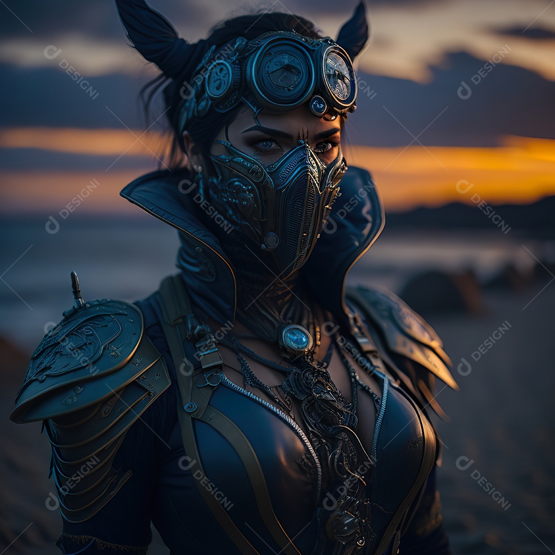 Realistic portrait of Woman wearing with Mohican respiratory mask