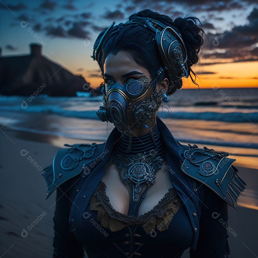 Mulher azul com máscara respiratória