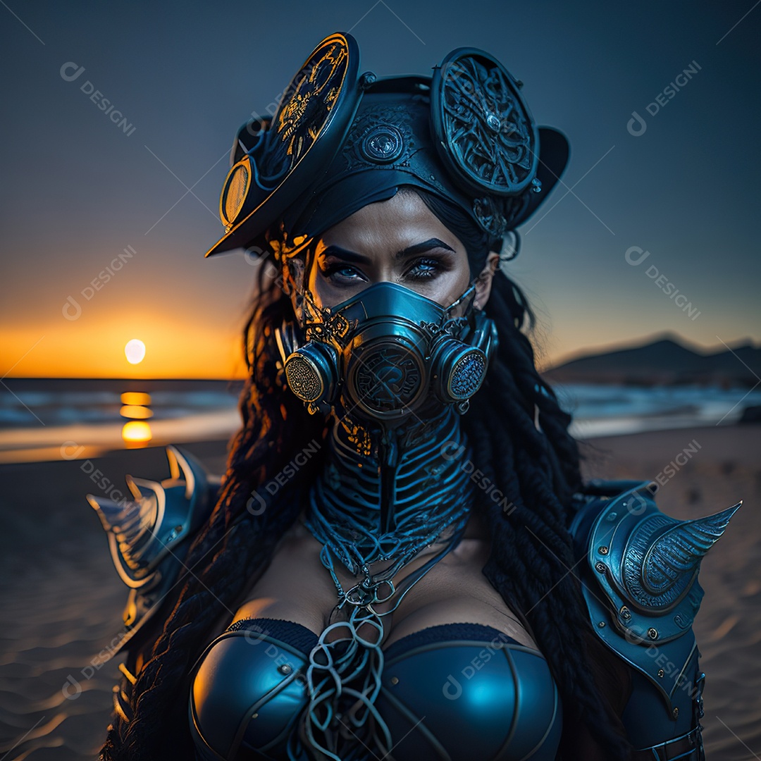 Mulher verde com máscara respiratória