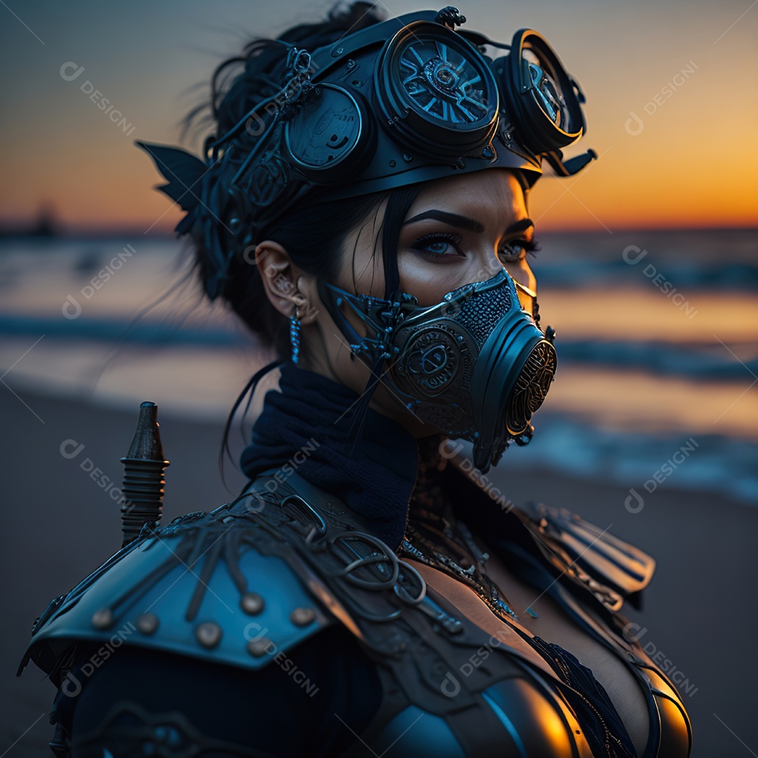 Mulher verde com máscara respiratória