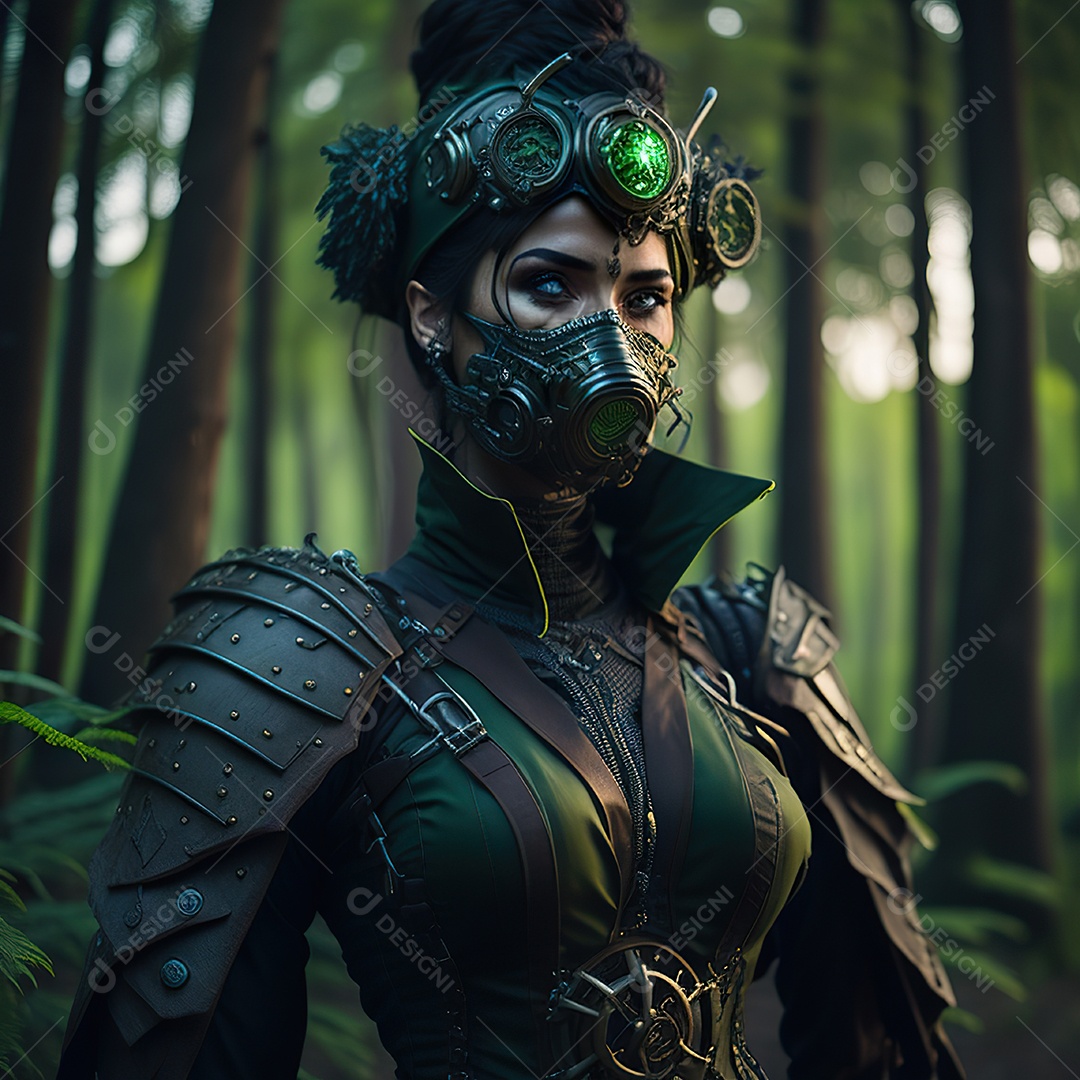 Mulher verde com máscara respiratória