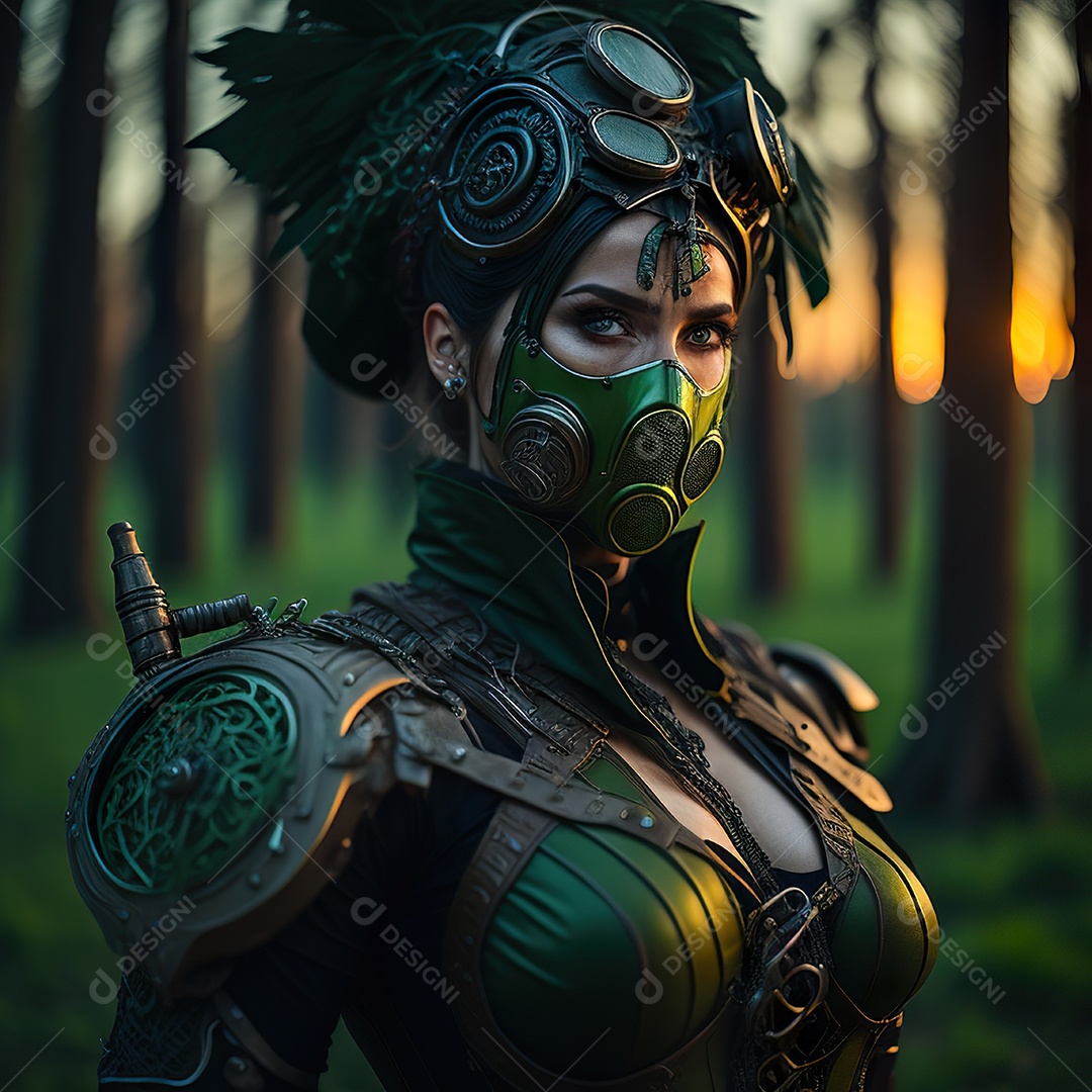 Mulher verde com máscara respiratória