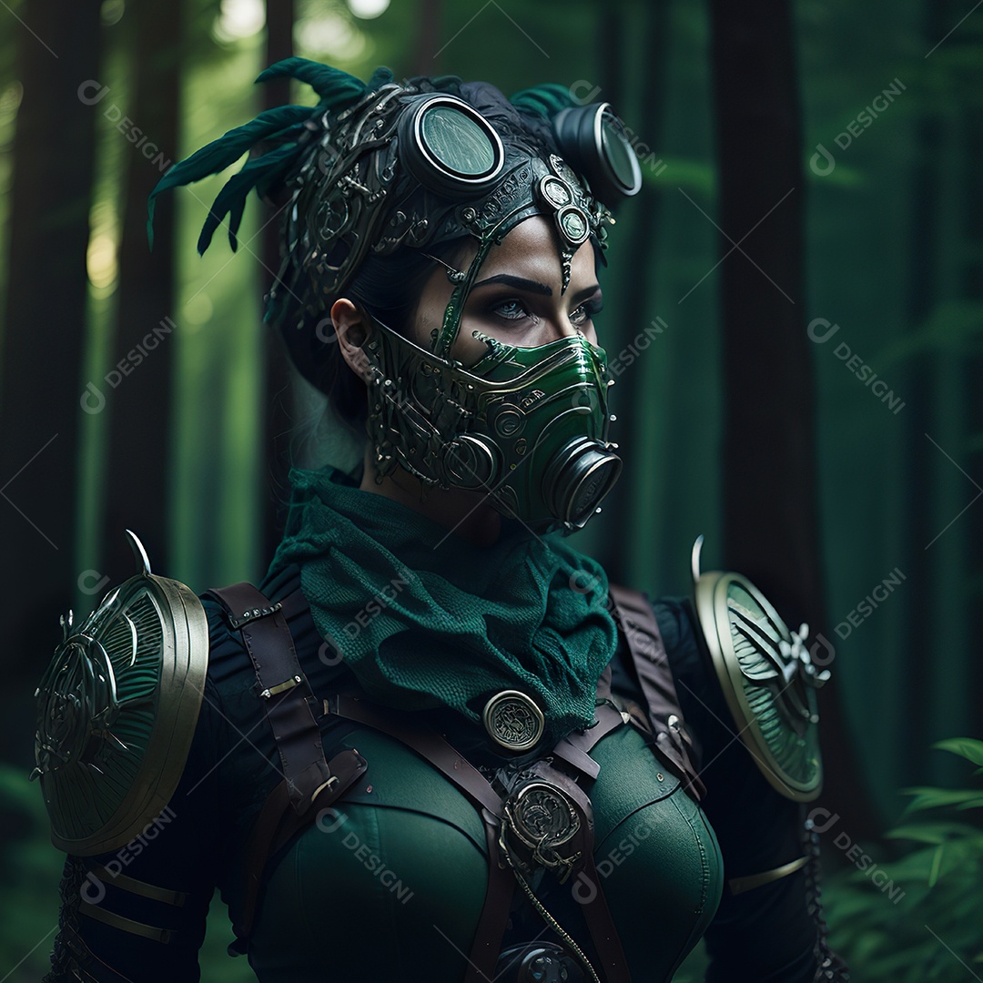 Mulher verde com máscara respiratória