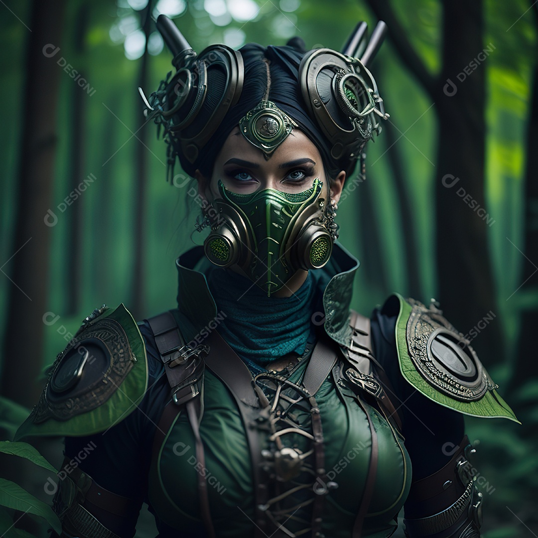 Mulher verde com máscara respiratória