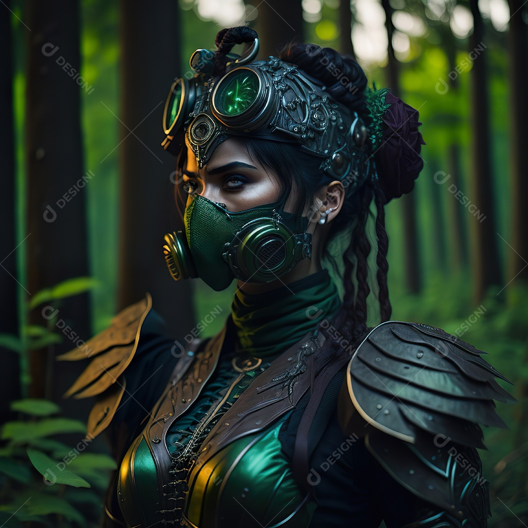 Mulher verde com máscara respiratória