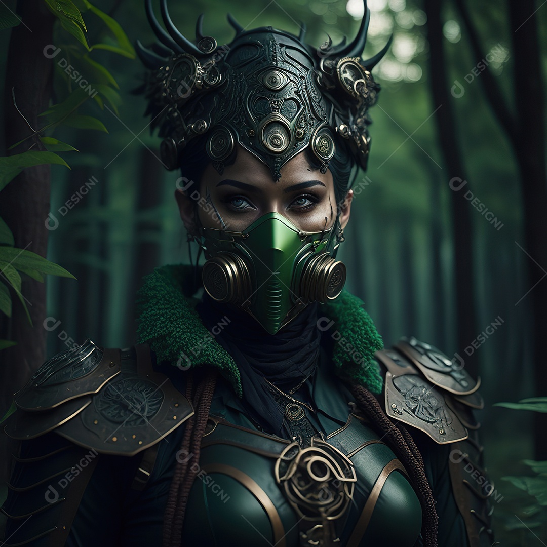 Mulher verde com máscara respiratória