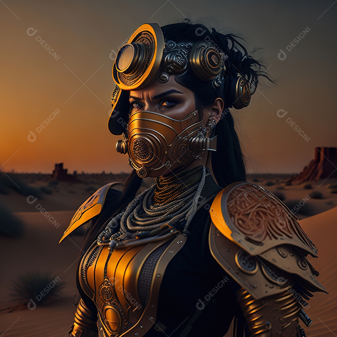 Realistic portrait of Woman wearing with Mohican respiratory mask