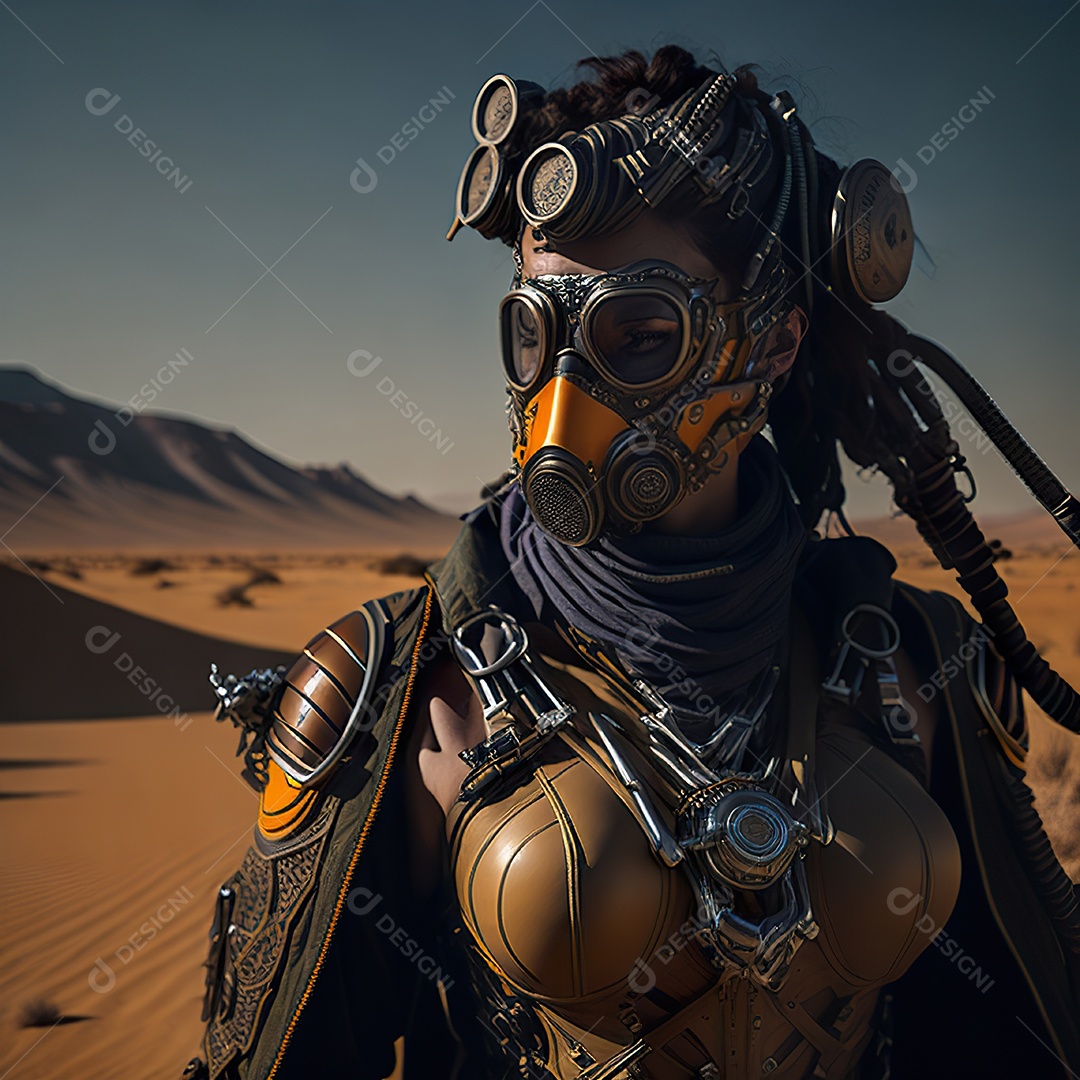 Realistic portrait of Woman wearing with Mohican respiratory mask