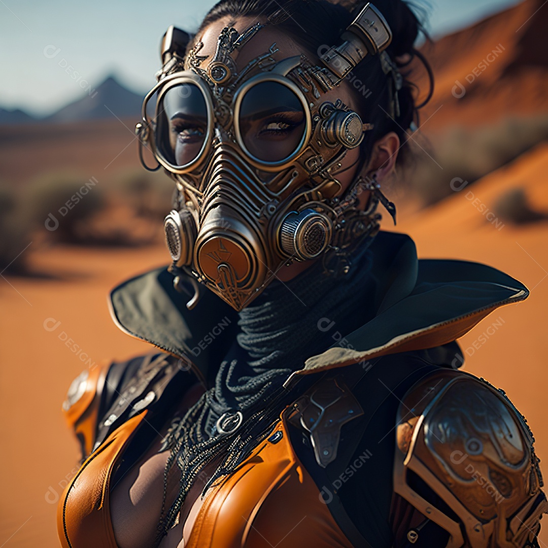 Realistic portrait of Woman wearing with Mohican respiratory mask