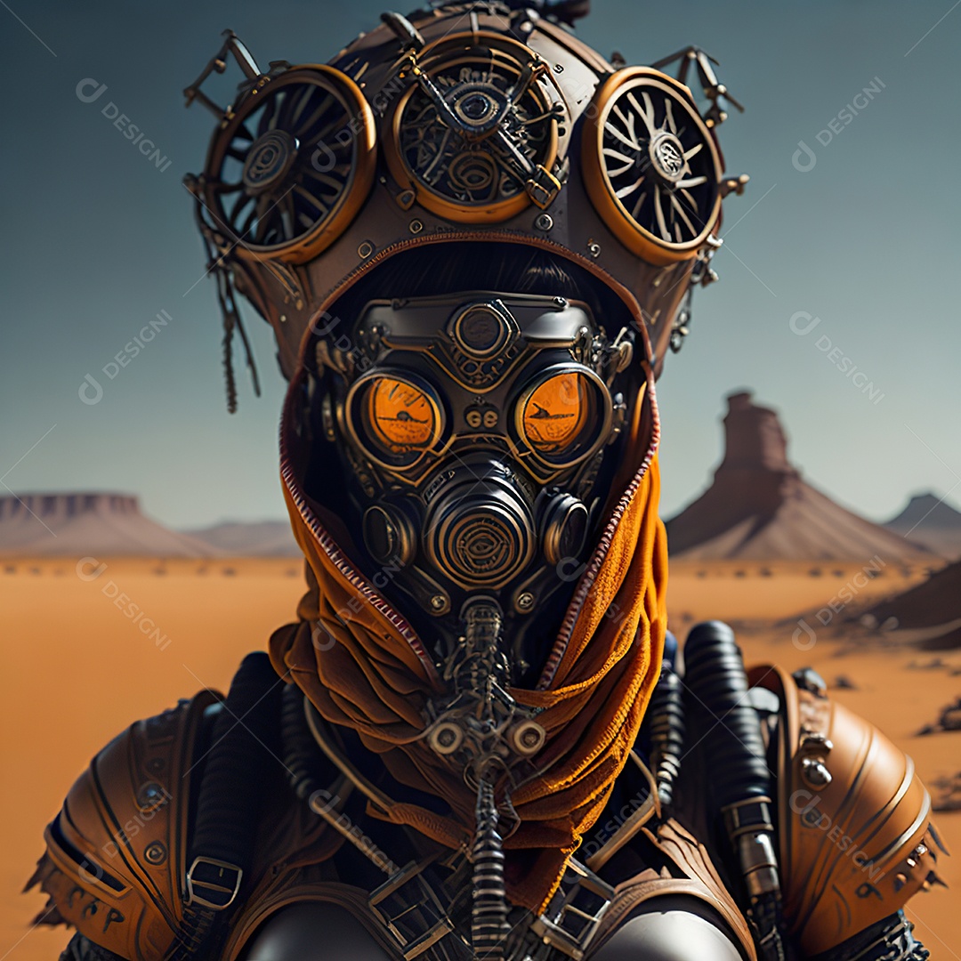 Realistic portrait of Woman wearing with Mohican respiratory mask