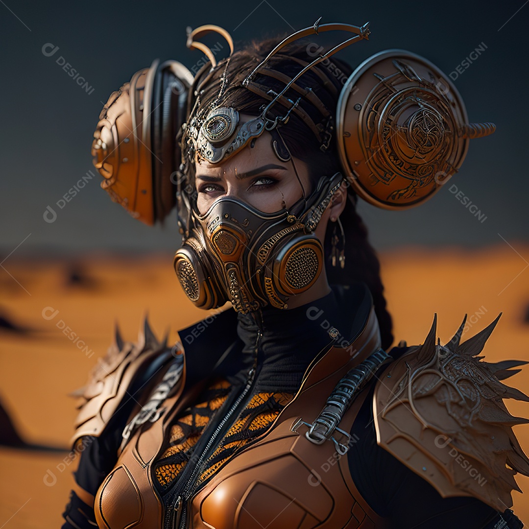 Realistic portrait of Woman wearing with Mohican respiratory mask