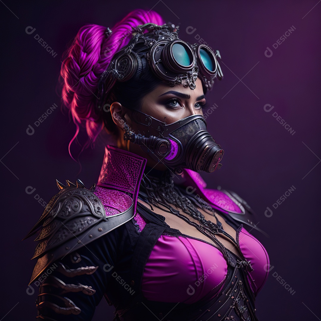 Realistic portrait of Woman wearing with Mohican respiratory mask