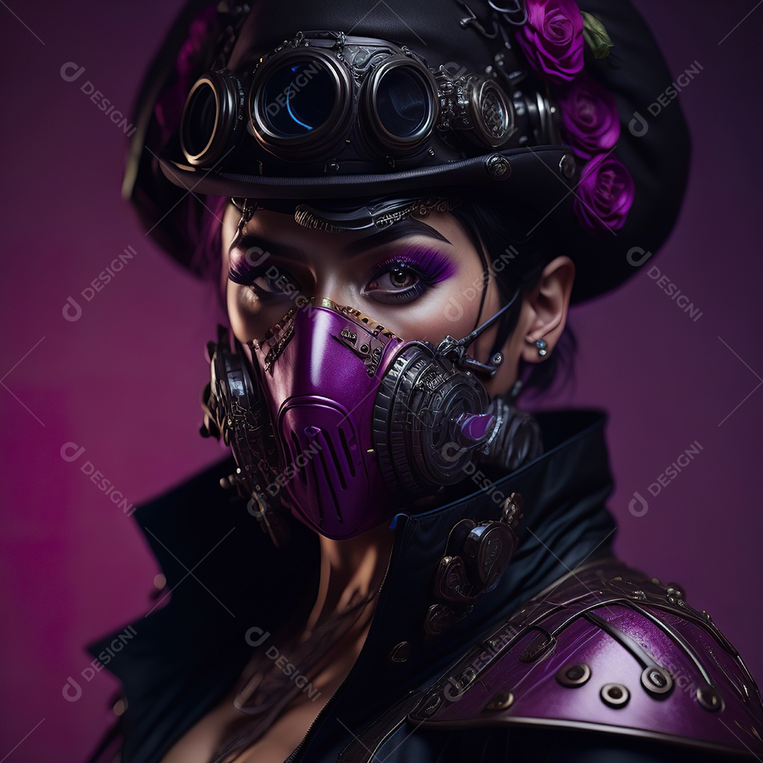 Realistic portrait of Woman wearing with Mohican respiratory mask