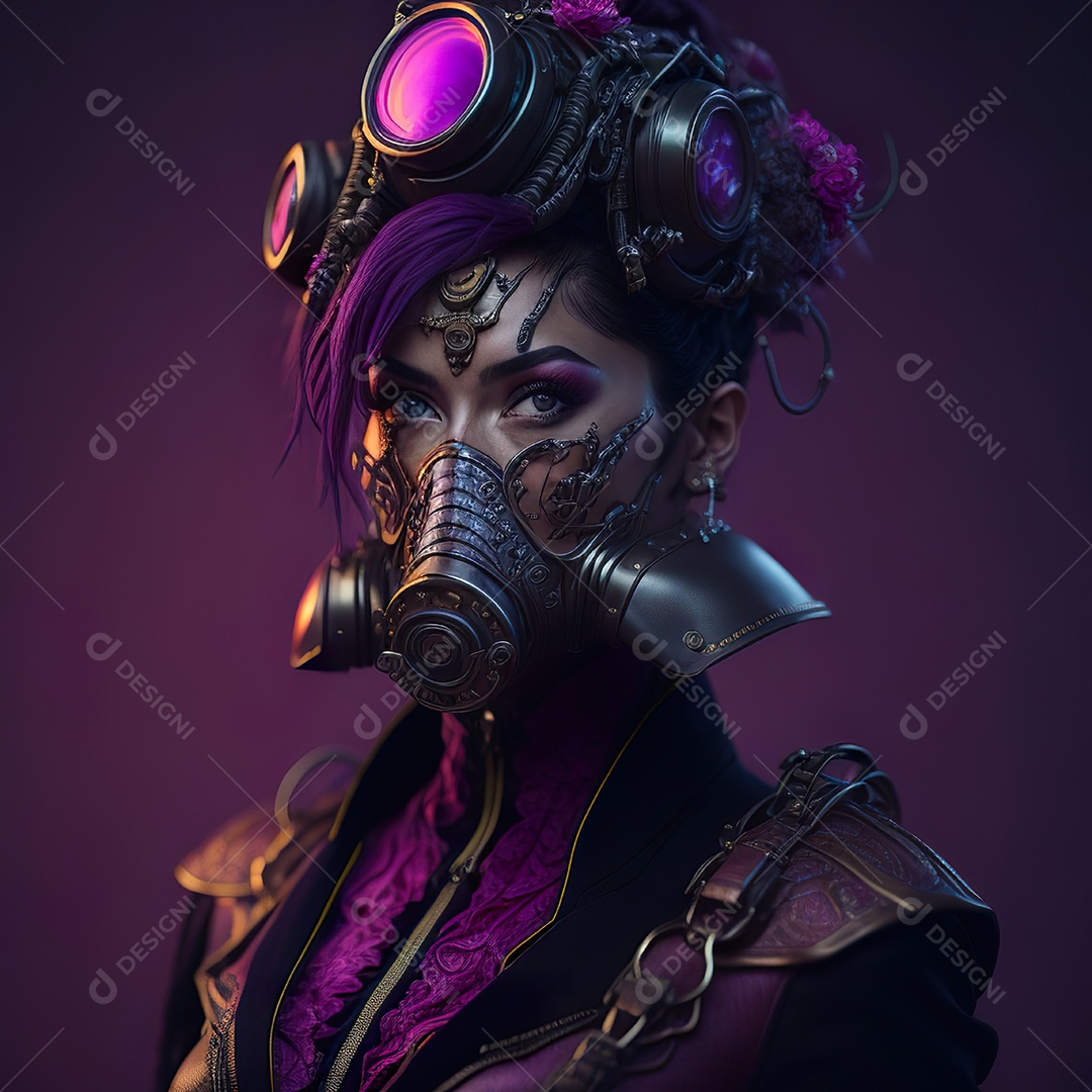 Realistic portrait of Woman wearing with Mohican respiratory mask