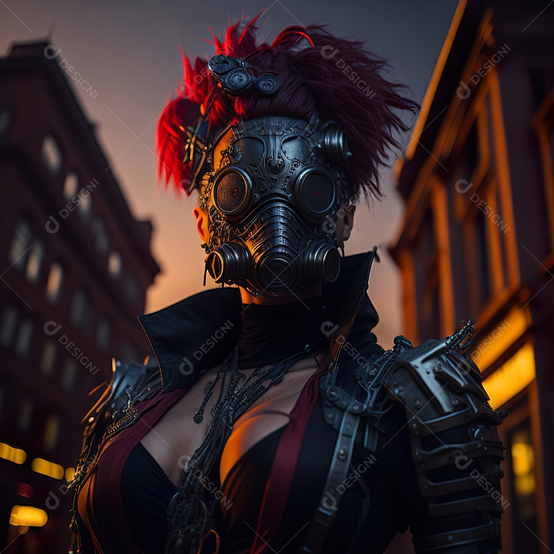 Realistic portrait of Woman wearing with Mohican respiratory mask