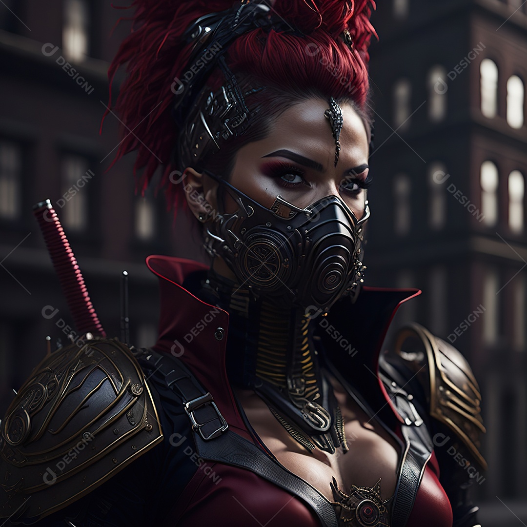 Realistic portrait of Woman wearing with Mohican respiratory mask