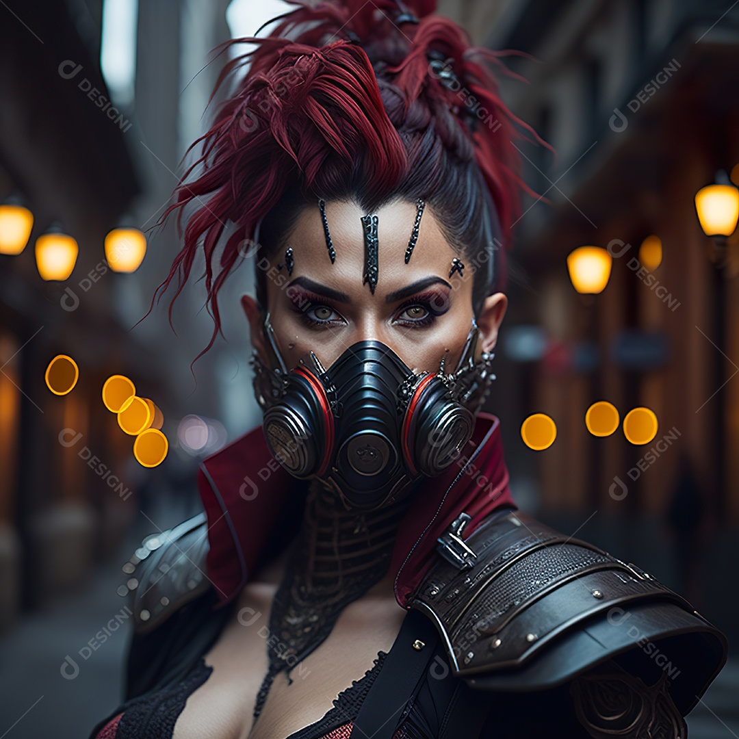 Realistic portrait of Woman wearing with Mohican respiratory mask