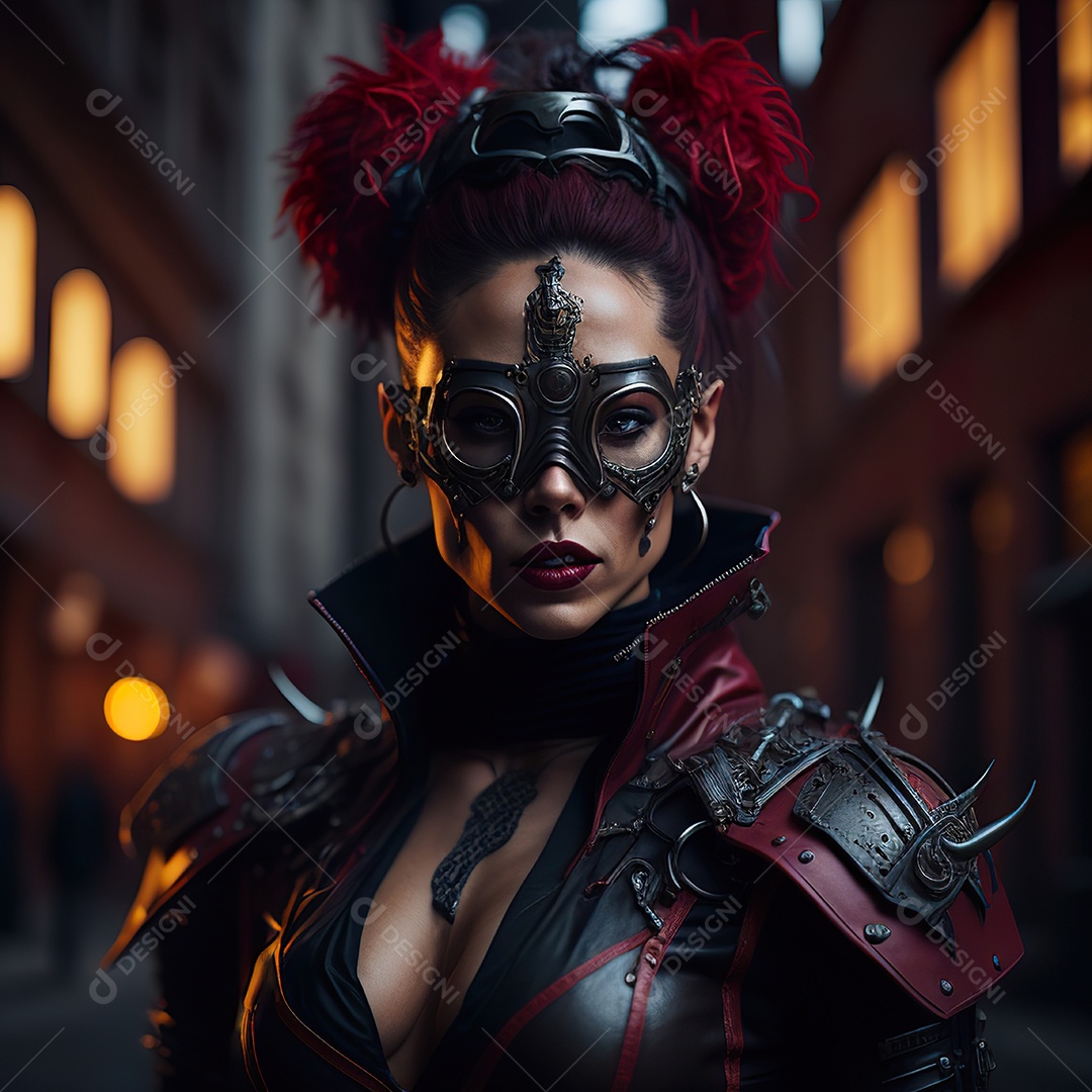 Realistic portrait of Woman wearing with Mohican respiratory mask