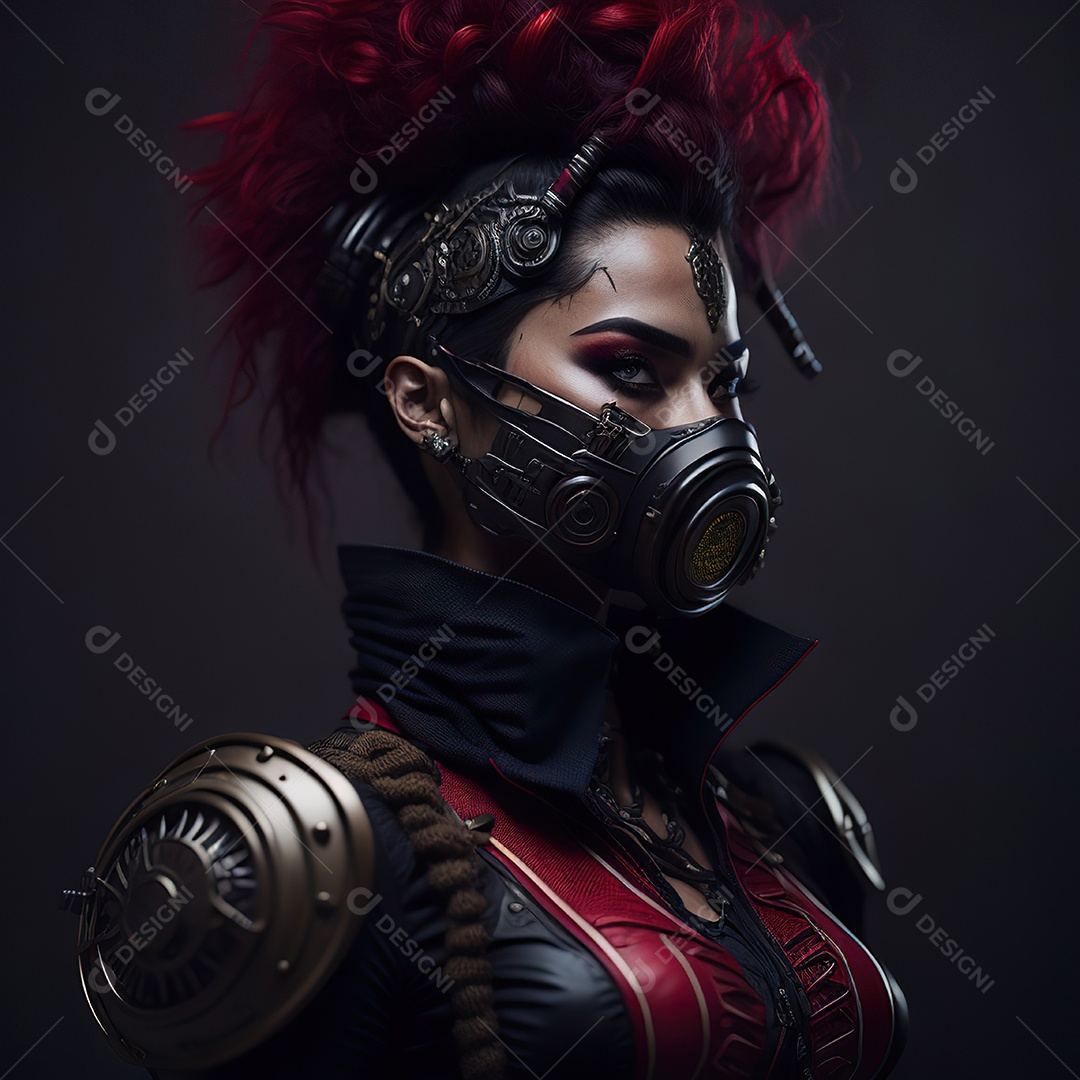 Retrato realista de Mulher usando com máscara respiratória moicano