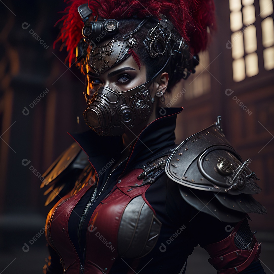 Retrato realista de Mulher usando com máscara respiratória moicano