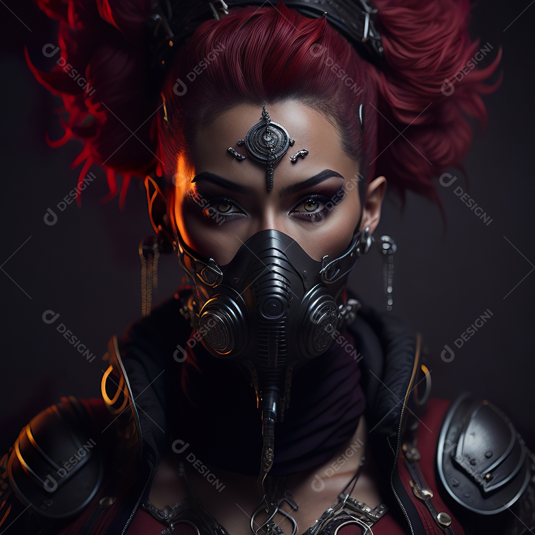 Retrato realista de Mulher usando com máscara respiratória moicano