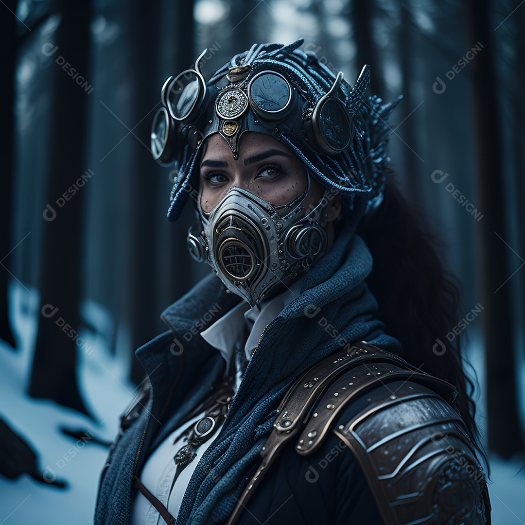 Retrato realista de Mulher usando com máscara respiratória moicano