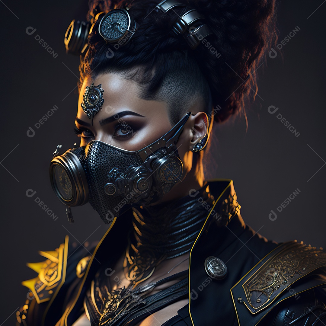 Realistic portrait of Woman wearing with Mohican respiratory mask