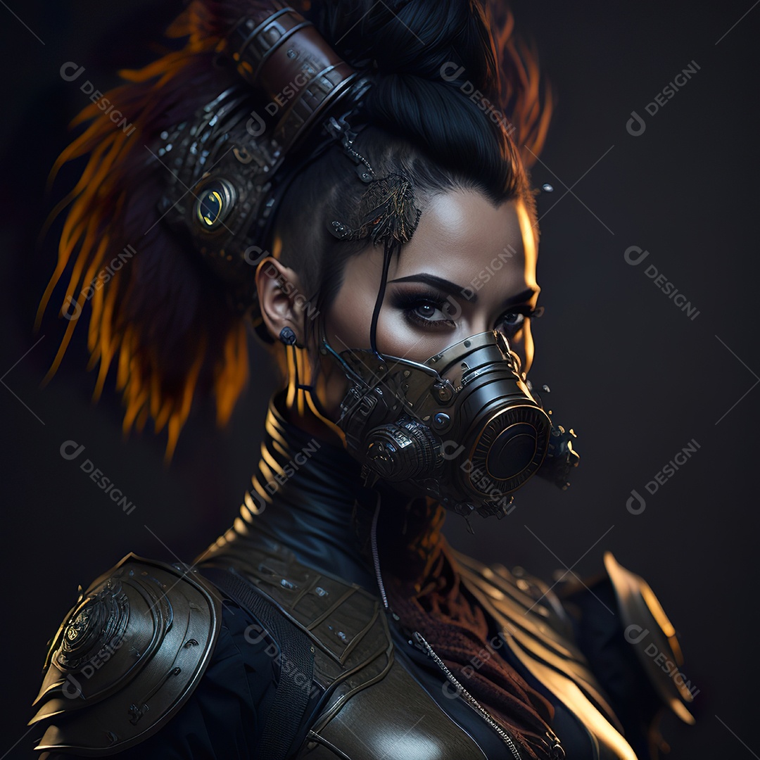 Retrato realista de Mulher usando com máscara respiratória moicano