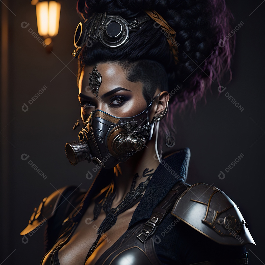 Retrato realista de Mulher usando com máscara respiratória moicano