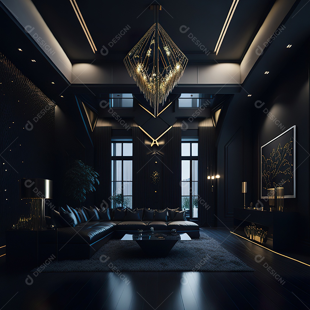 Retrato de sala de estar dourada com preto