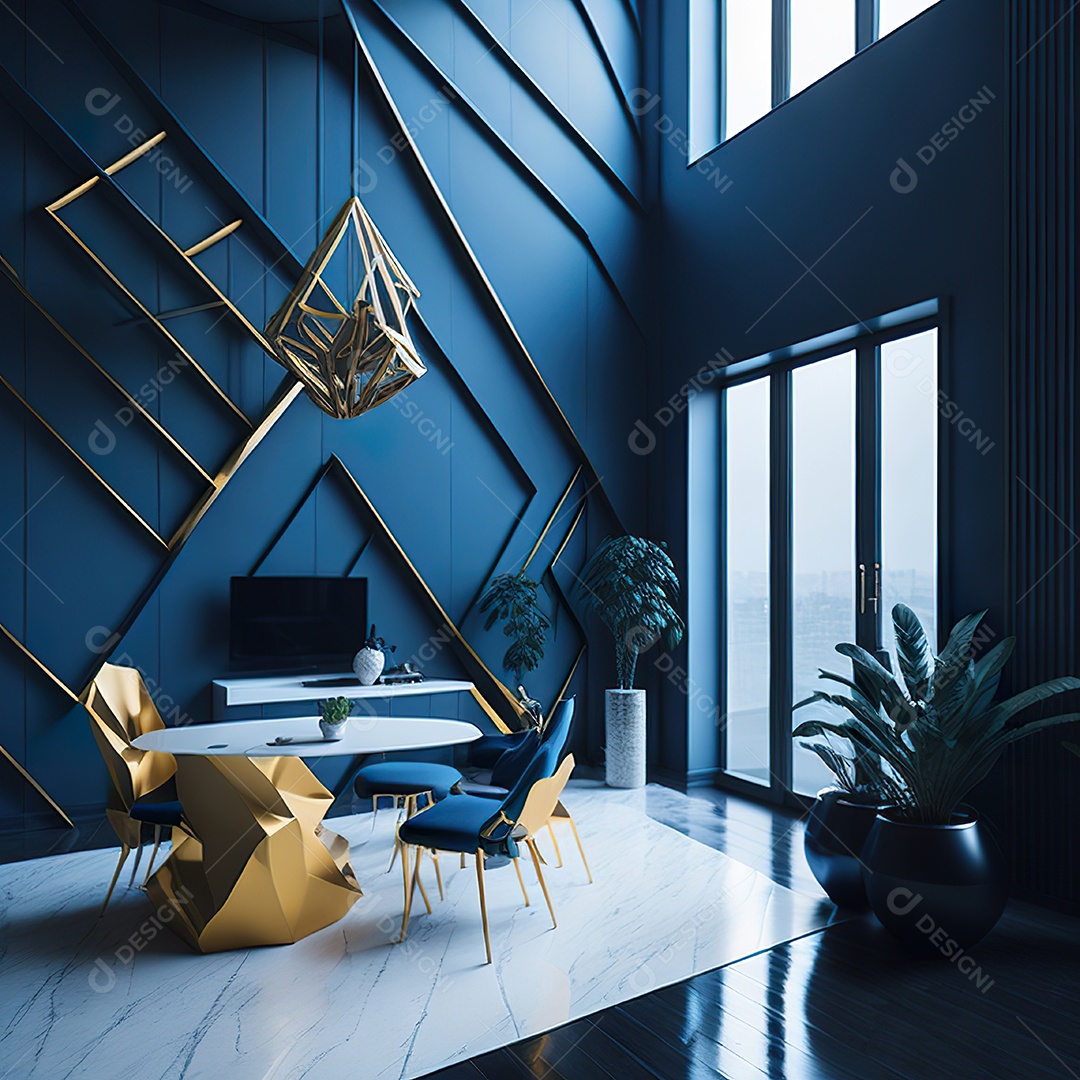 Retrato de Sala azul com dourado