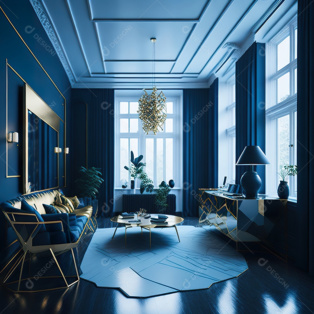 Retrato de Sala azul com dourado