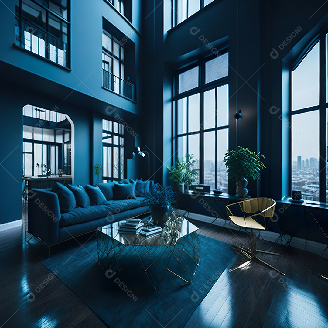 Retrato de Sala azul com dourado