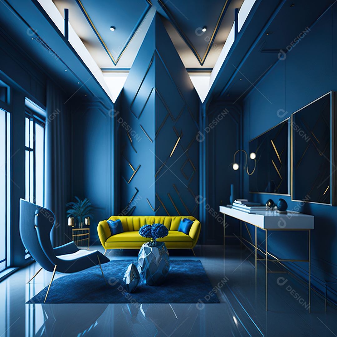 Retrato de Sala azul com dourado