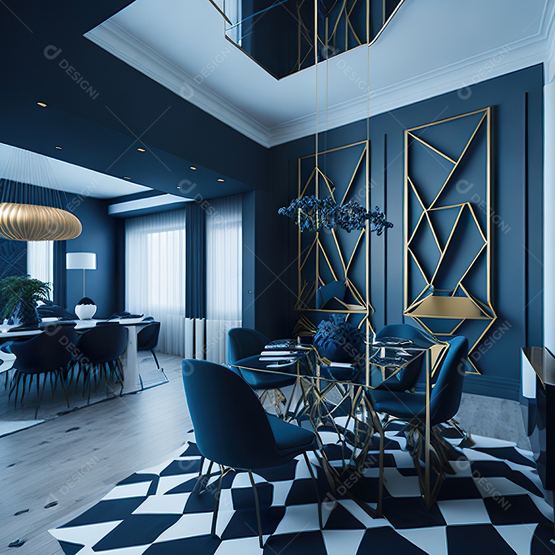 Retrato de Sala azul com dourado