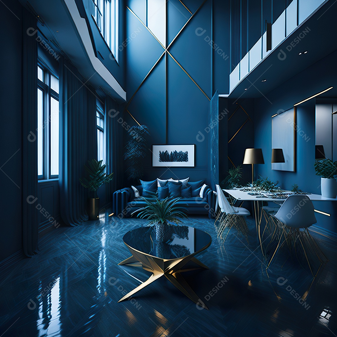 Retrato de Sala azul com dourado