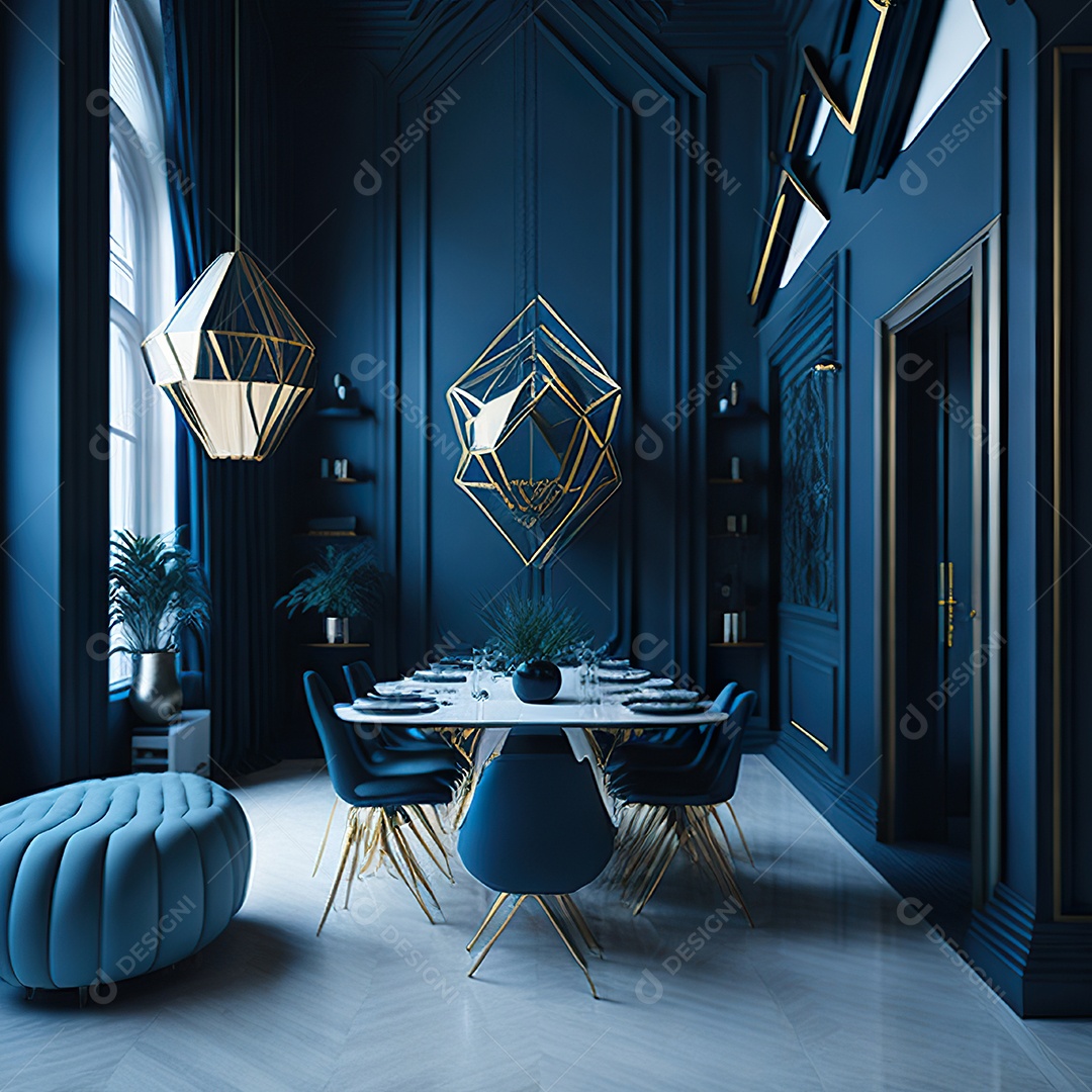 Retrato de Sala azul com dourado