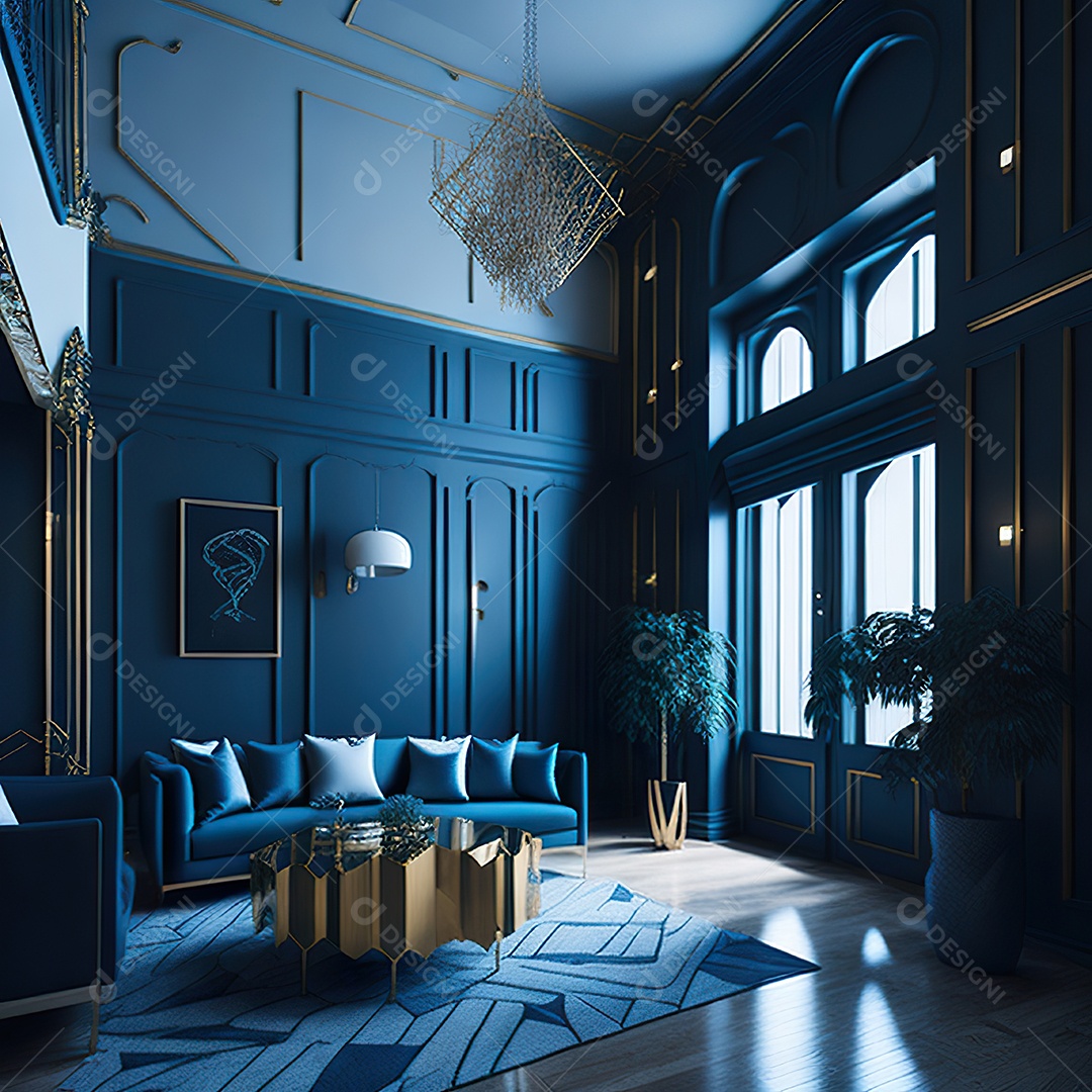 Retrato de Sala azul com dourado