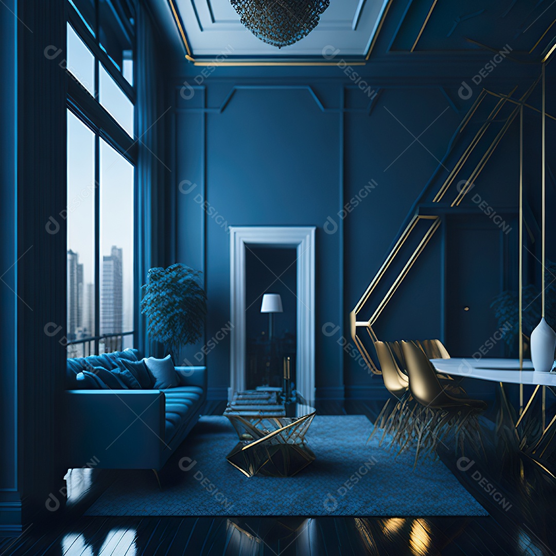 Retrato de Sala azul com dourado