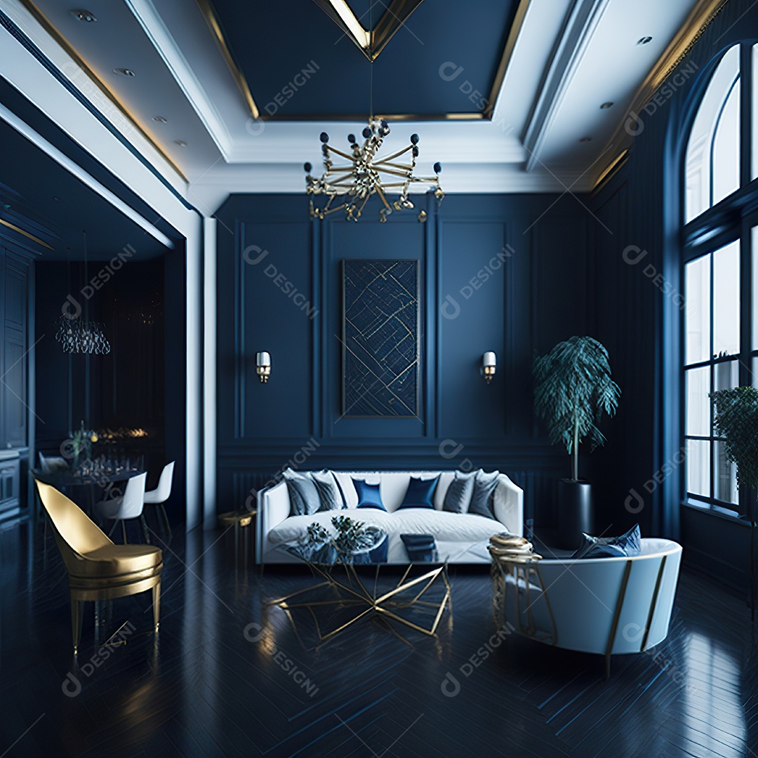 Retrato de Sala azul com dourado