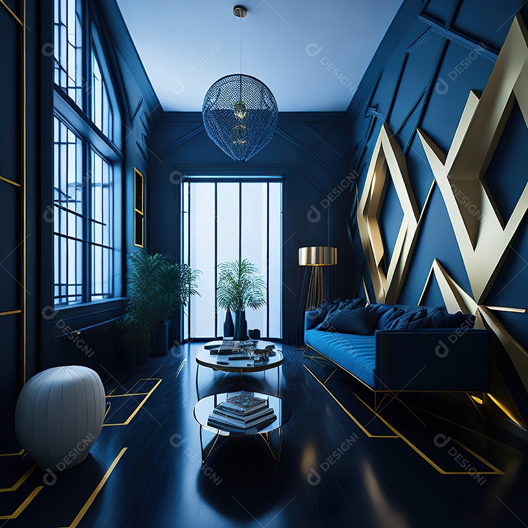 Retrato de Sala azul com dourado